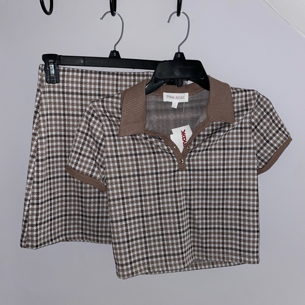 Brown plaid two piece matching set